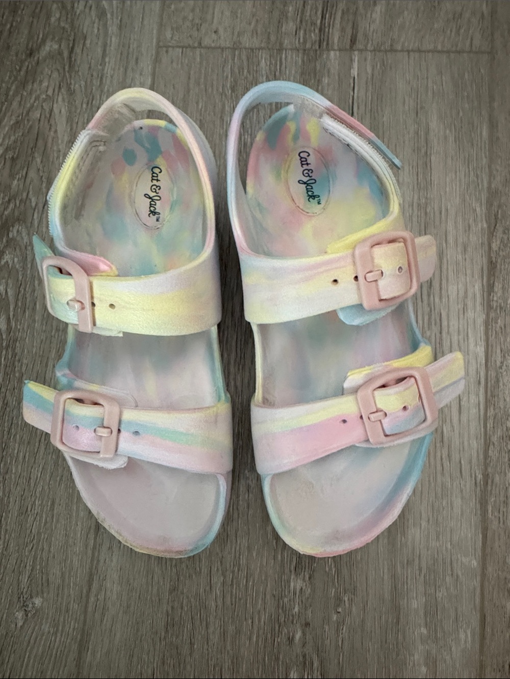 EUC Cat & Jack Pastel Tie-Dye Double Buckle Sandals - Pink, Blue, Yellow Size 12